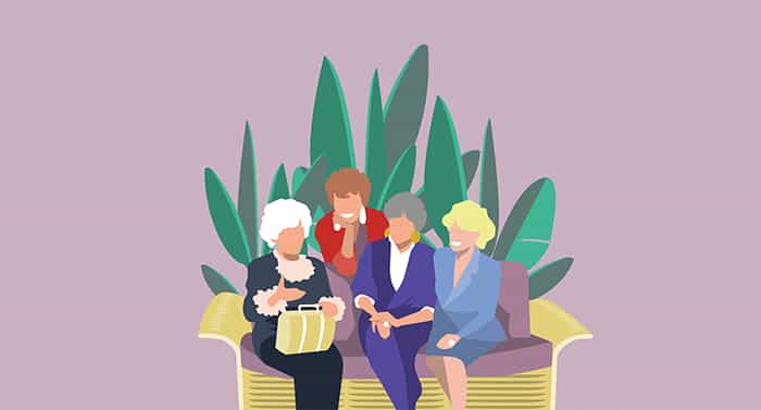 illustration of four seniors on a couch in front of a large plant